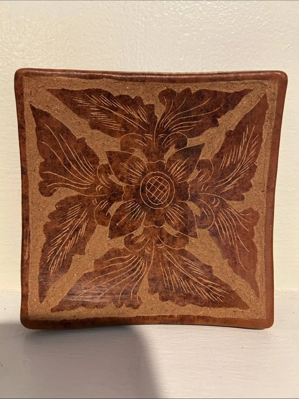 Handcrafted Floral candle holder or trinket dish - Brown
